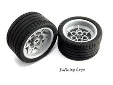 2 LEGO Large Tires 56 x 26 ZR Wheel Light Grey Rims Hub Axle Hole (41897 51488)