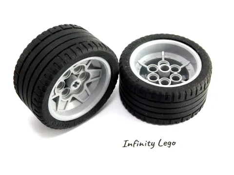 2 LEGO Large Tires 56 x 26 ZR Wheel Light Grey Rims Hub Axle Hole (41897 51488)