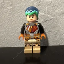 LEGO Plastic Minifigure Black Torso, Tan Legs, Orange Hands, Blue/Green Hair