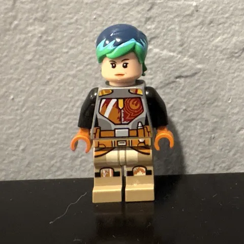 LEGO Plastic Minifigure Black Torso, Tan Legs, Orange Hands, Blue/Green Hair