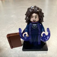 LEGO Minifigure Dark Blue Outfit Purple Cape Curly Hair w/ Book & Base