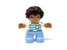 LEGO Duplo Little Boy Figure Blue Stripe Shirt Black Hair African American Child
