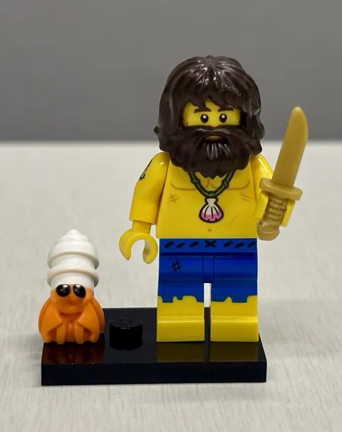 LEGO Minifigure Bearded Castaway Anchor Tattoo Shirtless Sword Crab Blue Shorts