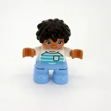 Lego Duplo Hispanic Boy Figure Brown Hair Blue Pants Striped Blue & White Shirt