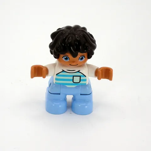 Lego Duplo Hispanic Boy Figure Brown Hair Blue Pants Striped Blue & White Shirt