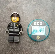 LEGO Police Minifigure w/ Helmet, Shield Tile & Round "BC01" Tile Accessory