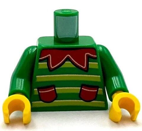 Lego New Green Minifure Elf Xmas Torso Sweater Lime Stripes Red Scalloped