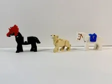 3 Lego white & black HORSES, LION lot w/ moveable heads - fantasy castle Minifig