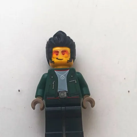 LEGO Minifigure Dark Green Jacket, Dark Blue Legs, Black Hair, Red Sunglasses