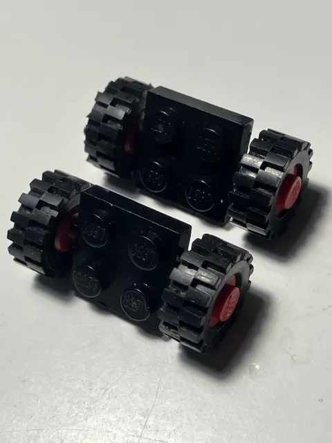 Rare vintage LEGO Offset Black Tires Small Tread Modified Plate Red Wheels