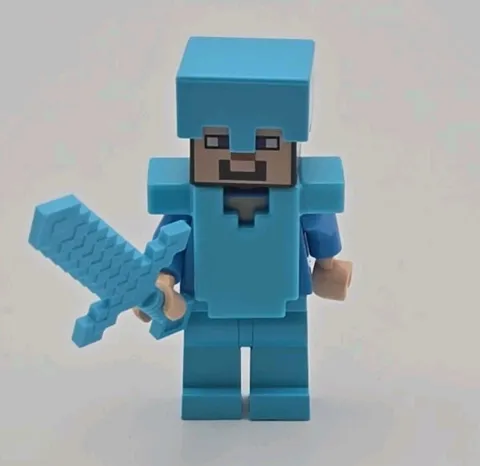 LEGO Steve Minifigure Medium Azure Diamond Helmet Armor Minecraft 21117 21124