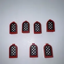 Lego Dark Red Window 1x2x2 2/3 Rounded Top with Black Lattice Diamond Pane X7