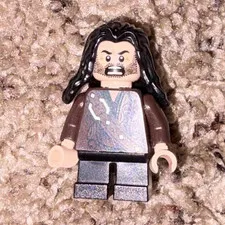 LEGO Minifigure Long Black Hair Brown Jacket Gray Legs Plastic Figure