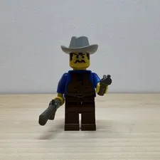 LEGO Western Cowboy Minifigure w/ Gray Hat, Blue Shirt, Brown Legs & Guns