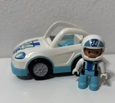 Lego Duplo Push Pull Go Racecar  W/Driver 2.5" Figure Helmet Rare #34 Blue 2pcs