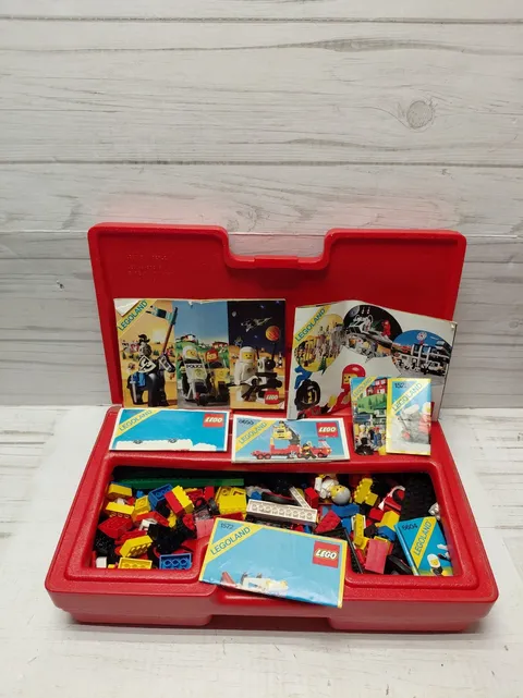 Lego vintage 80's red carry case with legos and booklets