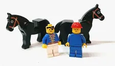 LEGO Lot Of 2  Black Horses Black Eyes Circled White Brown Bridle & 2 Minifigs 
