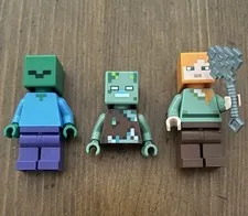 LEGO Minecraft Minifigure Lot - Alex min017, Zombie min010, Drowned min088 + Axe