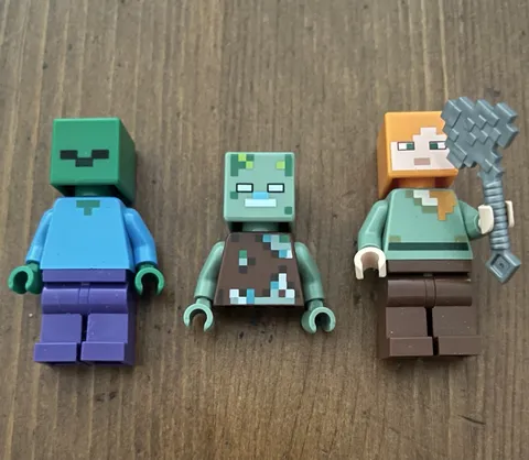 LEGO Minecraft Minifigure Lot - Alex min017, Zombie min010, Drowned min088 + Axe