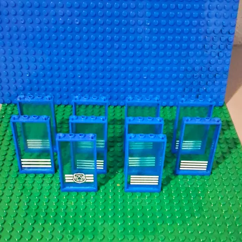 LEGO 1x4x6 door frame In Blue. Lot Of 10. With Window Panes And Stickers.
