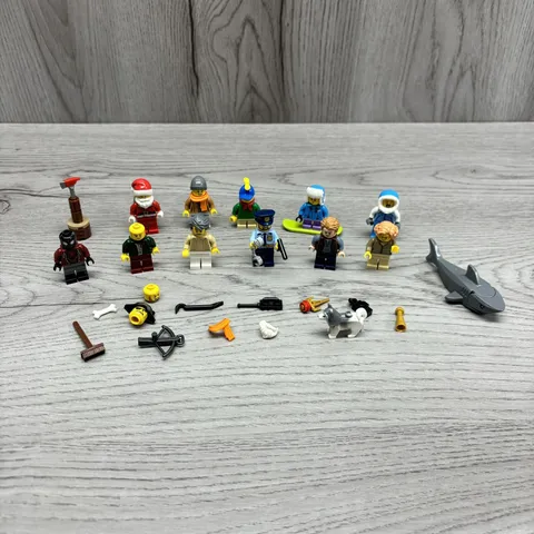 Lego Mini figure Lot Of 13 And Extras Shark Policeman Santa Spider-Man Dog