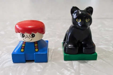 Vintage LEGO Duplo Black Cat Panther & Red Hair Blue Body Person Figure