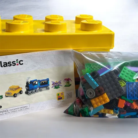 Yellow Lego Brick Storage Box With 1lbs Lego Bricks Etc Plus Lego Classic Book