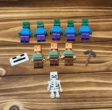 Lego Minecraft Lot Of 9 Minifigures Plus Weapon and Banner Zombie Alex Skeleton