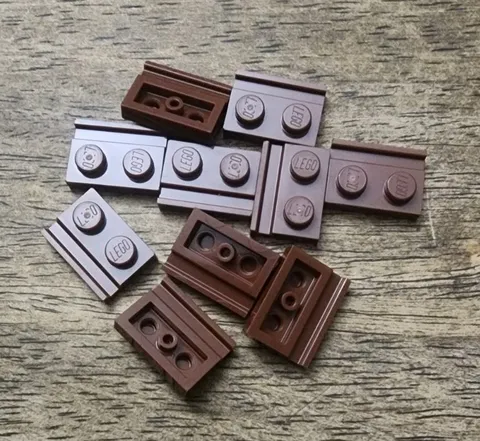 LEGO Reddish Brown Plate, Modified 1 x 2 with Door Rail. QTY 10. Part 32028.