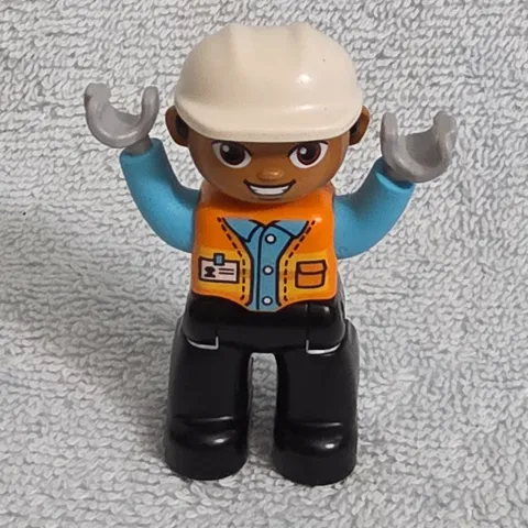 LEGO DUPLO construction worker Orange Vest Black Pants White Hardhat
