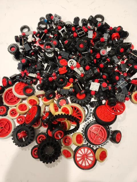 Lego Vintage Wheels Bulk Lot 1.6 lbs - Pinned Wheels With Red Caps Axels Tires