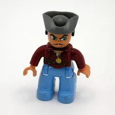 Vintage Lego Duplo Pirate Figure Scowling Face Mustache Maroon Shirt Gray Hat