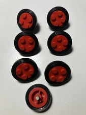 Vintage LEGO Red Wheels with 7 Studs and Smooth Black Tires (Part 7039c01)