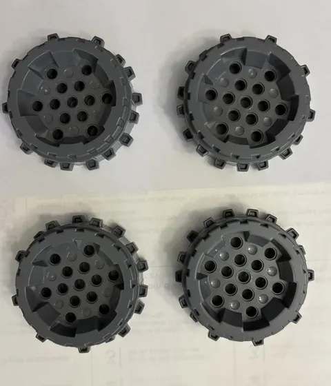 LEGO 4 Dark Bluish Gray Hard Plastic Wheels w/ Cleats and Spikes, 13 Peg holes
