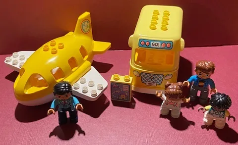 Lego Duplo Yellow and White - Plane w/ Figure and Yellow Bus w/ Figures