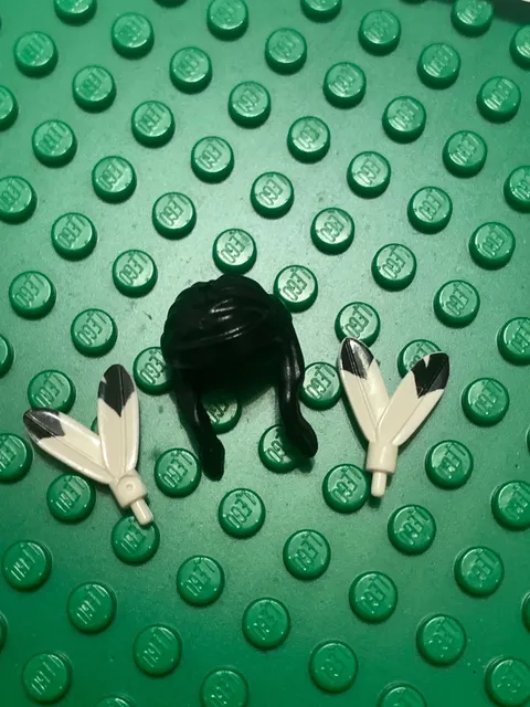 LEGO® MiniFigure Black Long Hair Braids White Feathers Black Tips