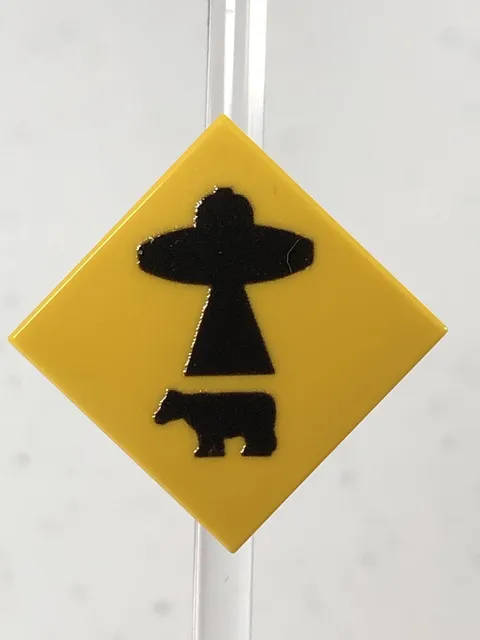 Custom Printed Caution UFO Beaming Cow Sign UV Printed On LEGO 2x2 Yellow Tile