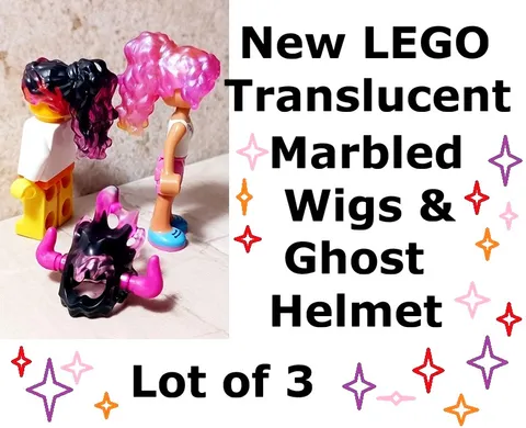New LEGO Ponytail Wig Big Hair Lot of 3 Translucent Pink Orange Black Helmet