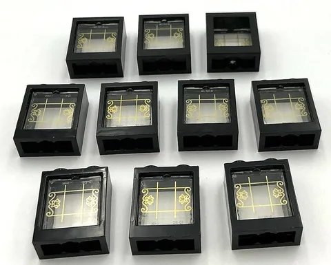 Lego 10 New Glass Window 1 x 2 x 2 Flat w/ Gold Lattice Flowers Black Frames