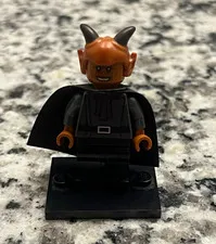 LEGO Minifigure Devil Horned Head w/ Black Cape & Display Stand