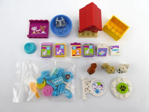 Lego Friends Lot of 3 Dogs, Dog House, & Miscellaneous Accessories