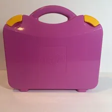 LEGO Storage Carrying Case Plastic Tote Pink w/ Yellow Clips Adjustable Dividers