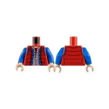 LEGO - Minifig, Torso Red Puffy Vest Open over Blue Jacket & White Plaid Shirt