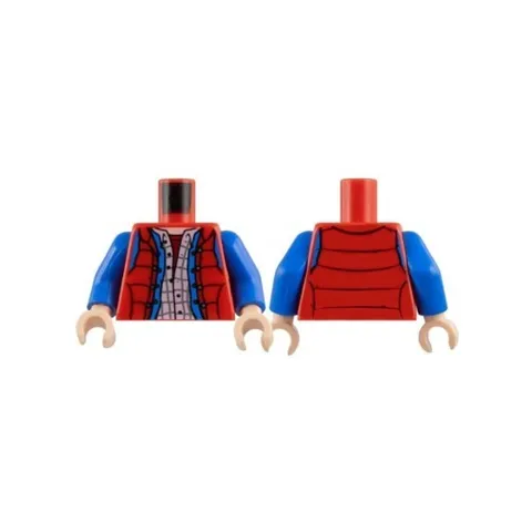 LEGO - Minifig, Torso Red Puffy Vest Open over Blue Jacket & White Plaid Shirt