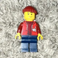 LEGO Minifigure Red Jacket Hoodie, Red Beanie Hat, Blue Legs Plastic