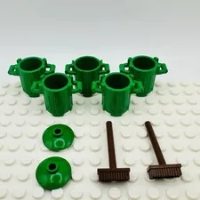 LEGO -5x Green Trash Bin & 2x Brown Broom Minifigure Utensil Garbage Can 2x Lid