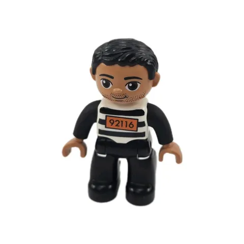 LEGO Duplo Prisoner Man Convict Crook Black White Stripe Top Shirt Inmate Boy