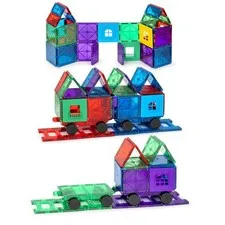 Set of 50 Magnetic Tiles for Kids with 4 Cars - Con Blocks...