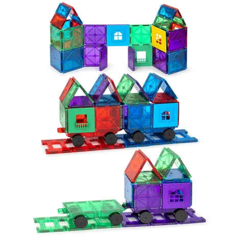 Set of 50 Magnetic Tiles for Kids with 4 Cars - Con Blocks...
