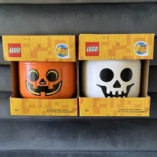 Lego Halloween SMALL Storage Heads White Skeleton  & Orange Pumpkin New!